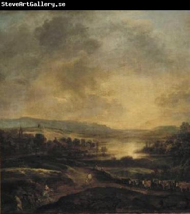 Aert van der Neer Hilly landscape at sunset